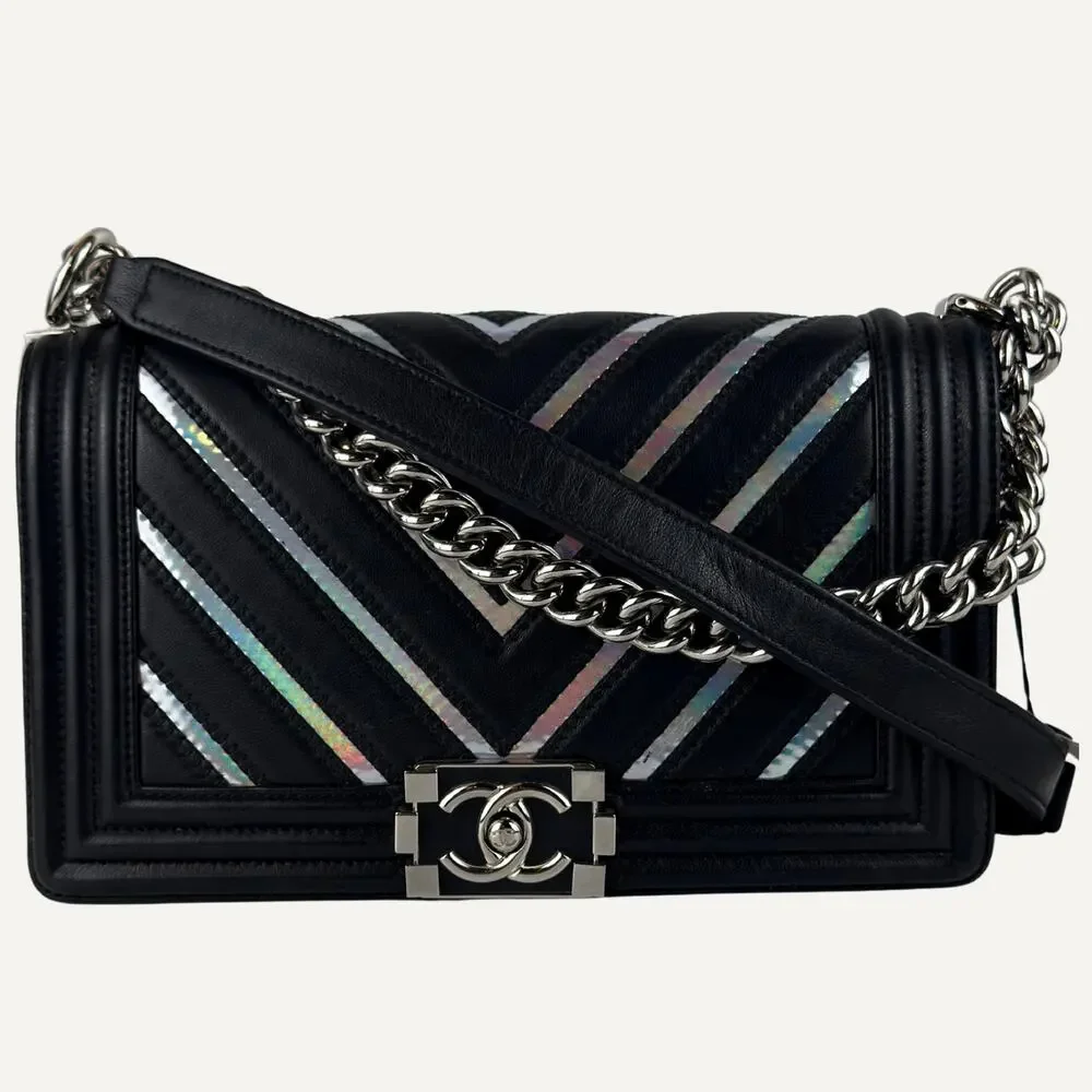 Chanel Boy Bag Medium Black Lambskin Iridescent Chevron Silver CC 17S  Women's